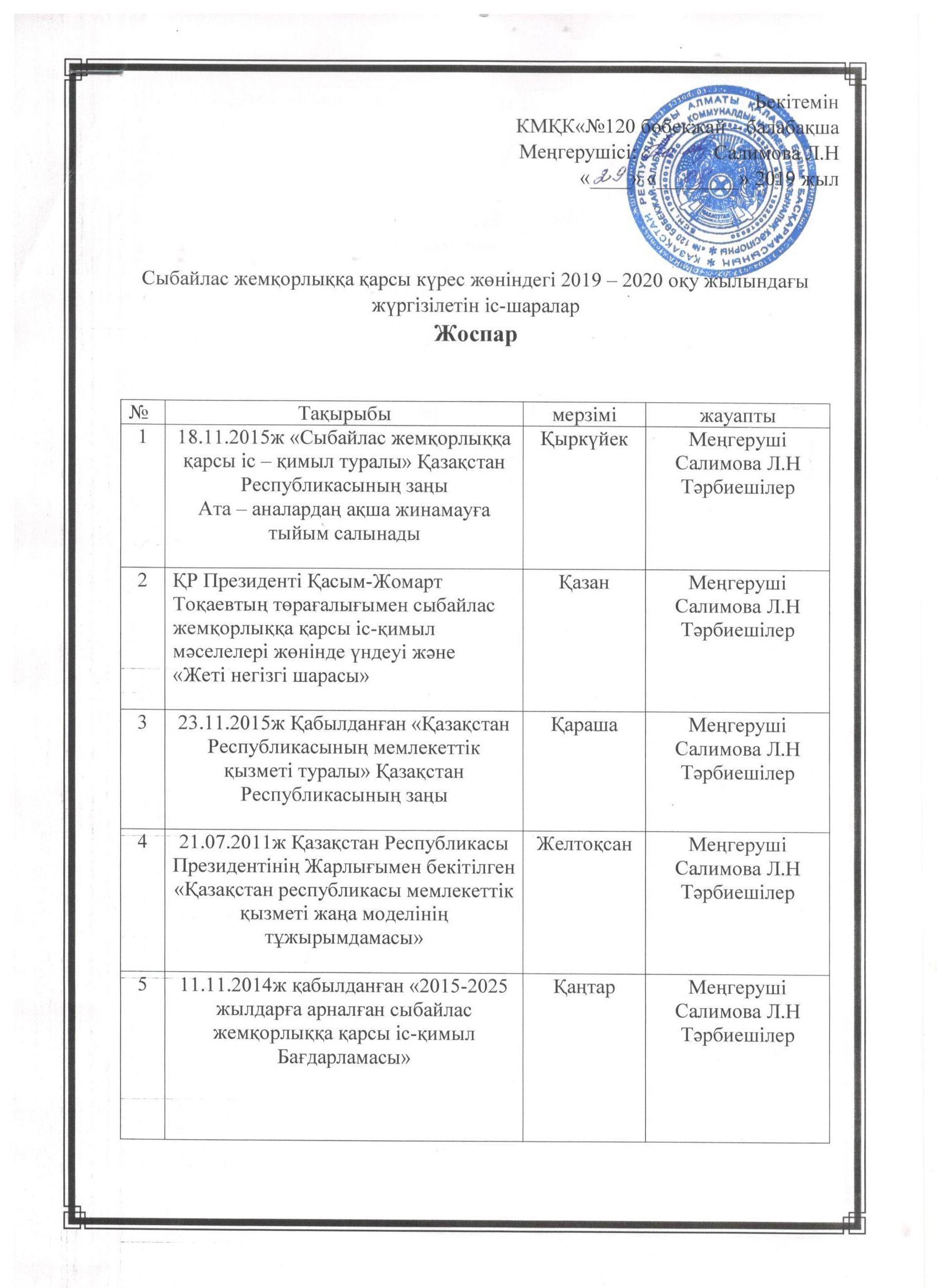 "Сыбайлас жемқорлыққа қарсы күрес" жоспары 2019-2020ж