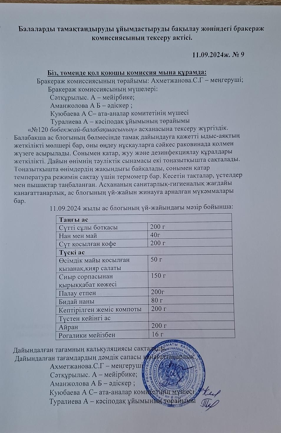 Балаларды тамақтандыруды ұйымдастыруды бақылау жөніндегі бракераж комиссиясының тексеру актісі.