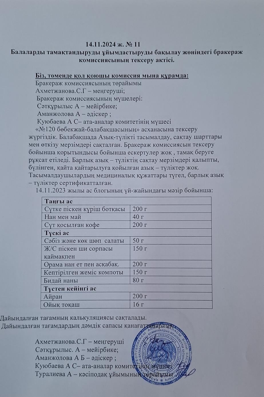 Балаларды тамақтандыруды ұйымдастыруды бақылау жөніндегі бракераж комиссиясының тексеру актісі.