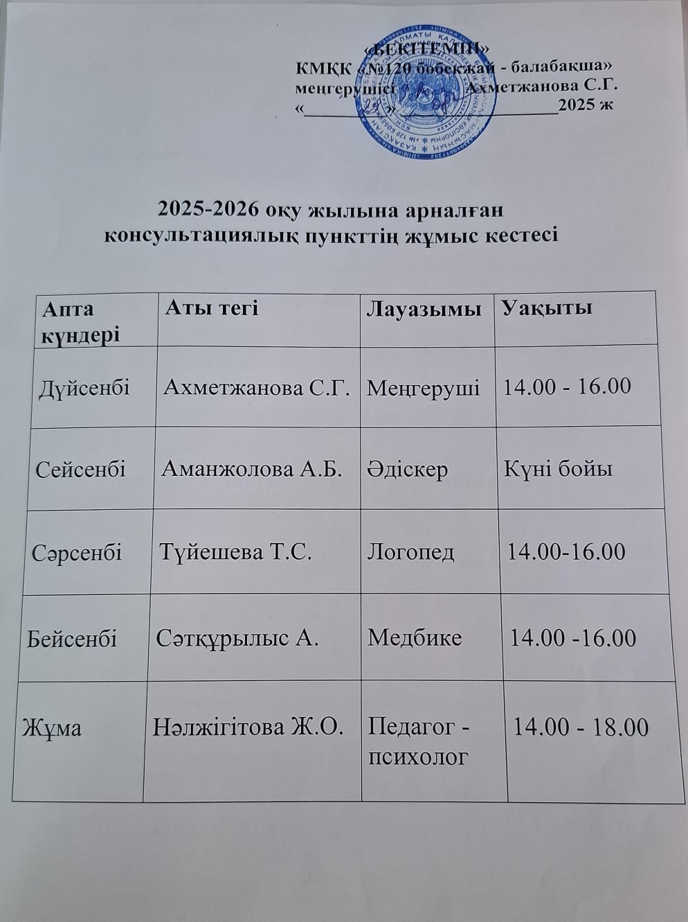 2025-2026 оқу жылына арналан консультациялық пункттің жұмыс кестесі