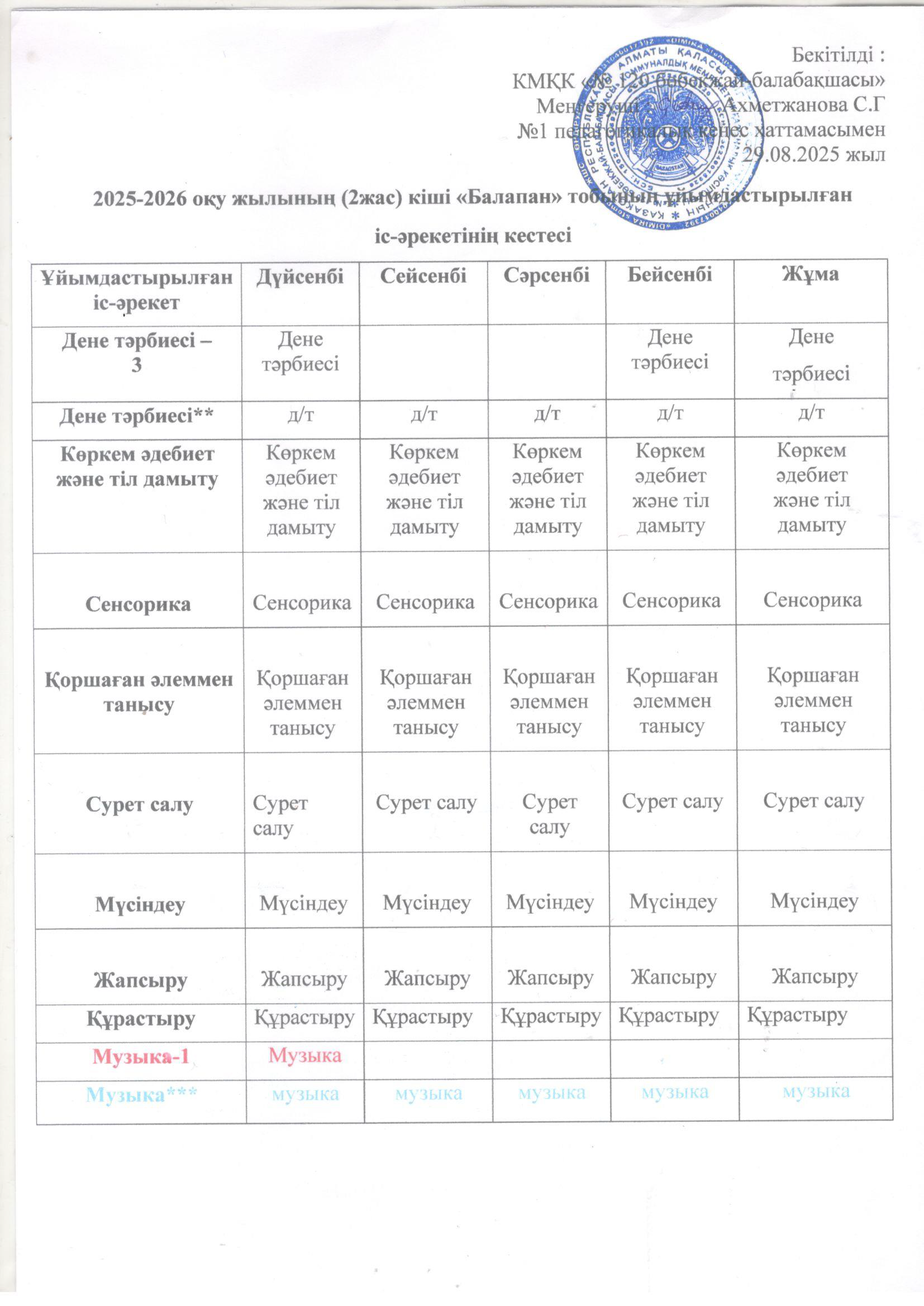 2025-2026 оқу жылының ұйымдастырылған іс-әрекет кестесі